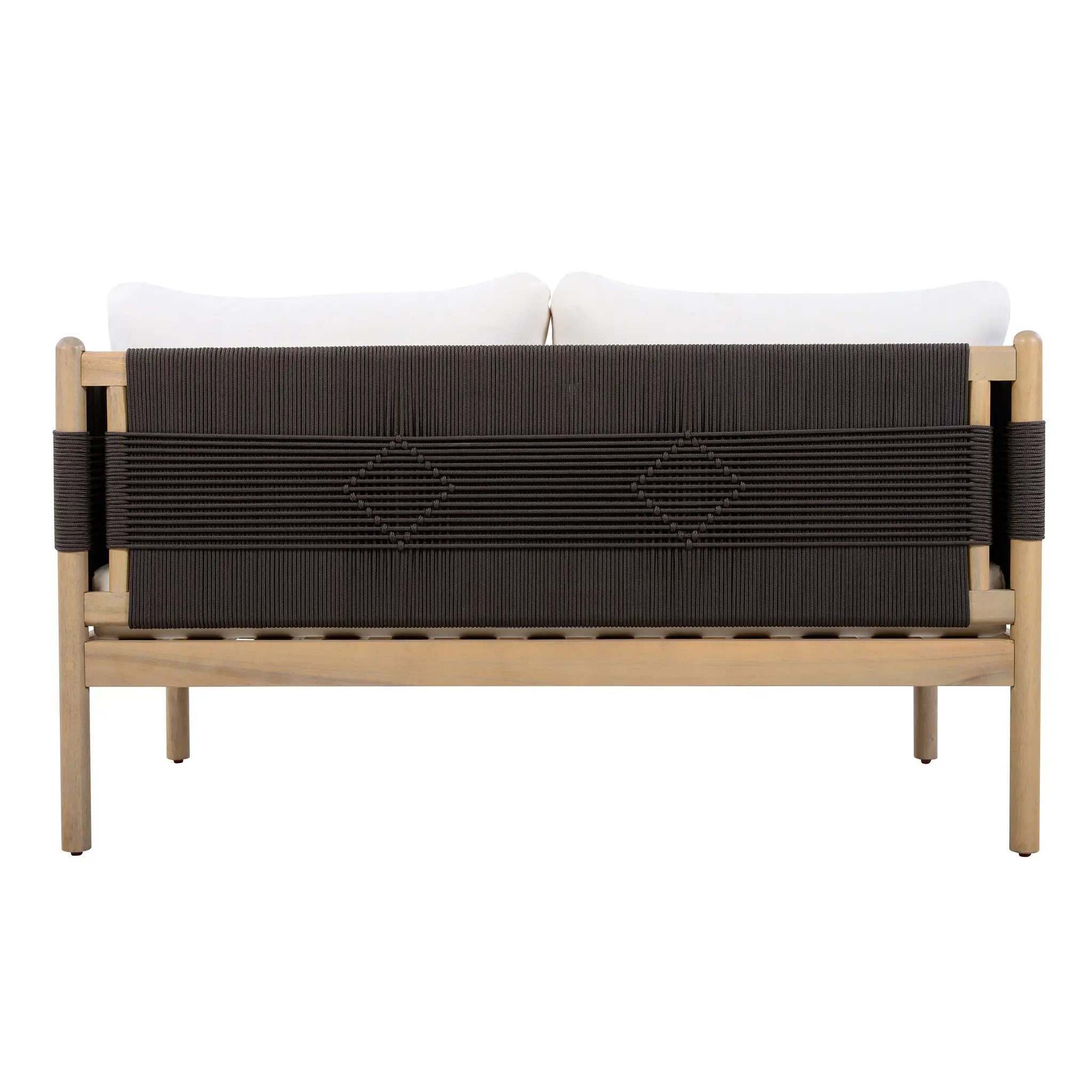 Outdoor Acacia Wood Loveseat with Diamond Rope Weave & Cushions, Light Teak by HouseOfZazla
