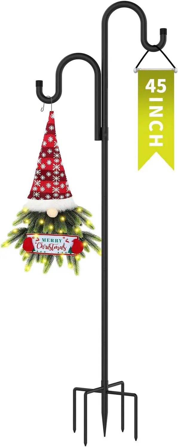 Double Shepherds Hooks for Outdoor, Bird Feeder Pole with 5 Prongs Base, Heavy Duty Garden Hook for Lantern, Wind Chime and Hummingbird Feeder, 45 Inch, 1 Pack by GreenHaven Gardens