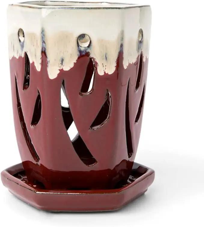 rePotme 4 x 6 inch Ceramic Orchid Pot (Cream Over Garnet) - Hexagon Orchid Pot with Holes by GreenHaven Gardens