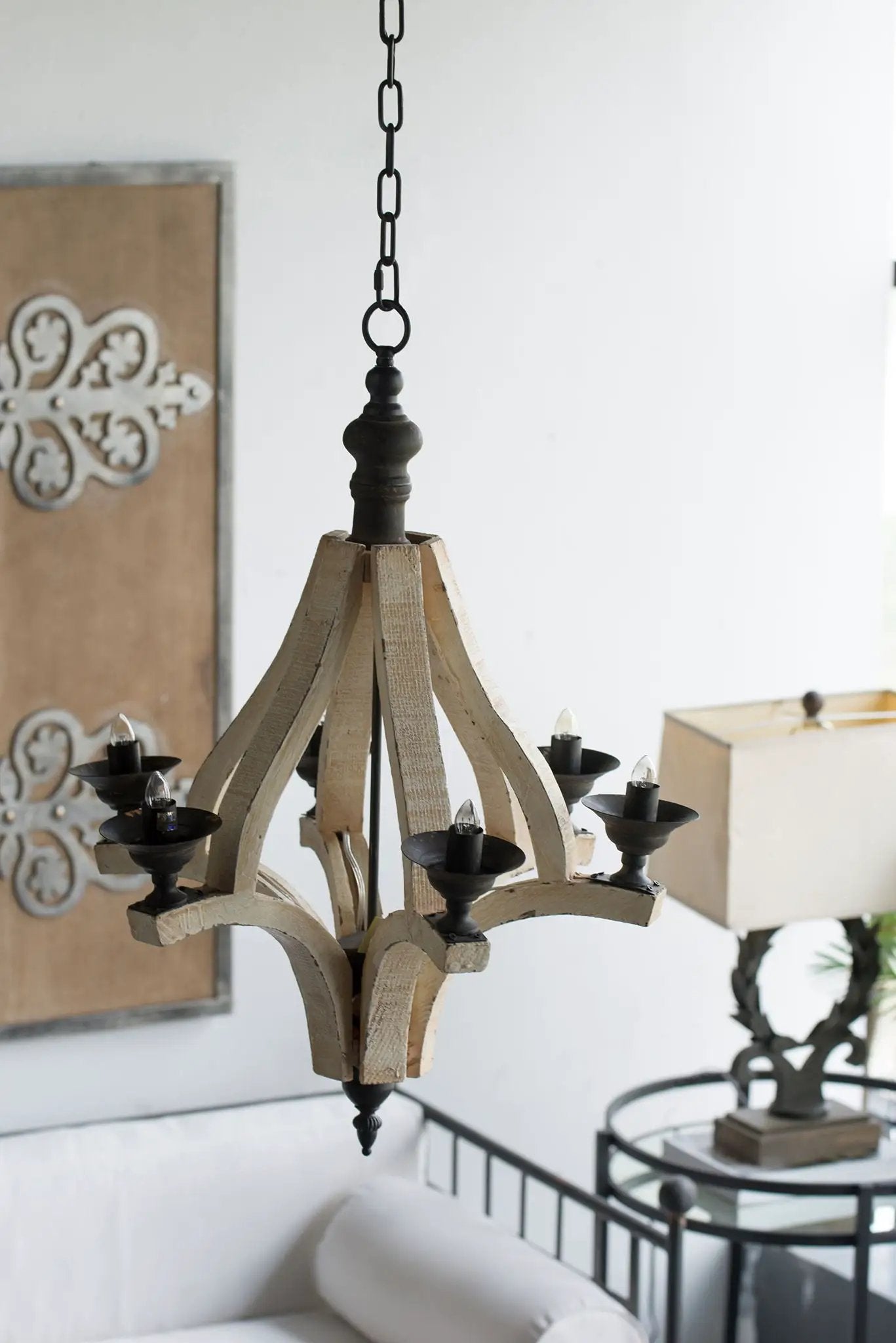 6 Light Wood Chandelier, Hanging Light Fixture With Adjustable Chain For Kitchen, Bulb Not Included - Cream by HouseOfZazla