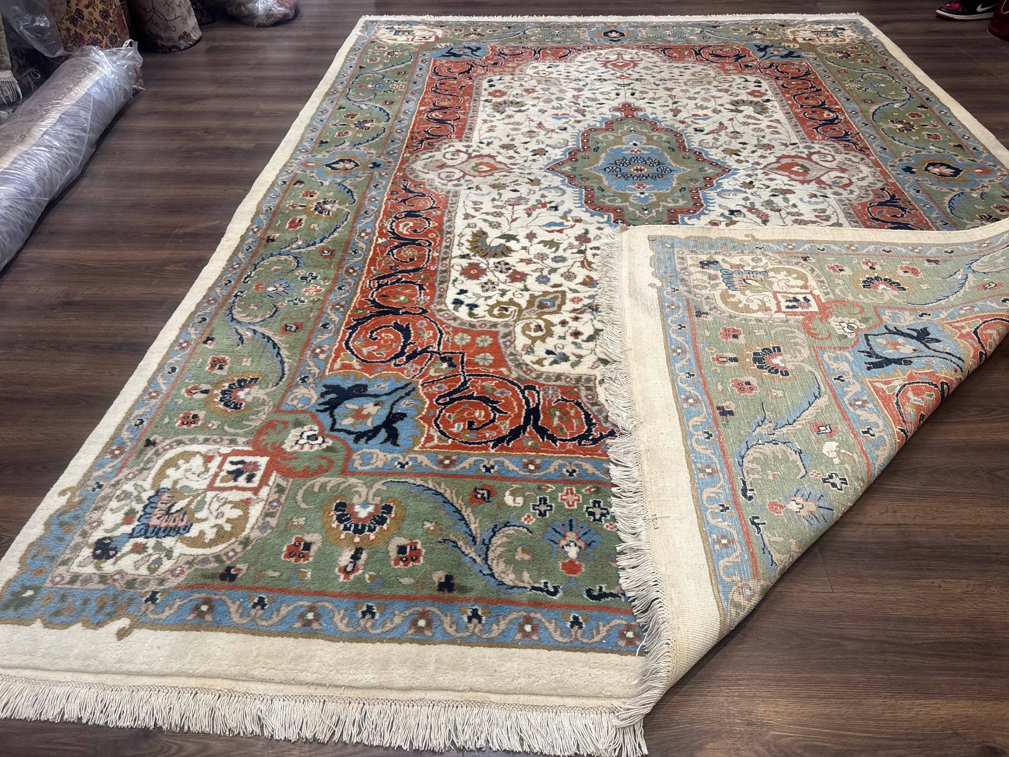 Indo Persian Rug 9x12, Ivory Red Green, Traditional Oriental Carpet by Jewel Rugs
