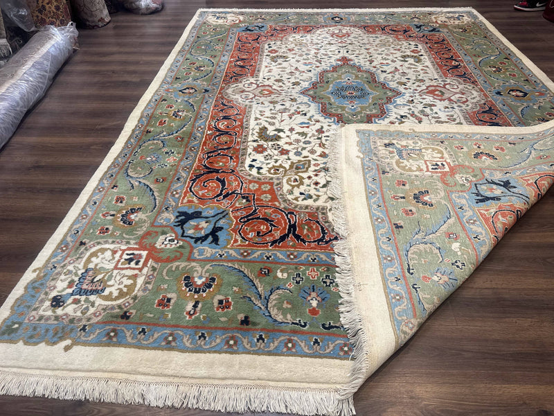 Indo Persian Rug 9x12, Ivory Red Green, Traditional Oriental Carpet by Jewel Rugs