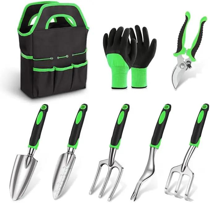 sungwoo Garden Tool Set 8 Piece, Heavy Duty and Lightweight Aluminium Alloy Tools with Ergonomic Handle, Storage Tote Bag, Gardening Hand Tools, Gardening Gifts for Women and Men Green by GreenHaven Gardens
