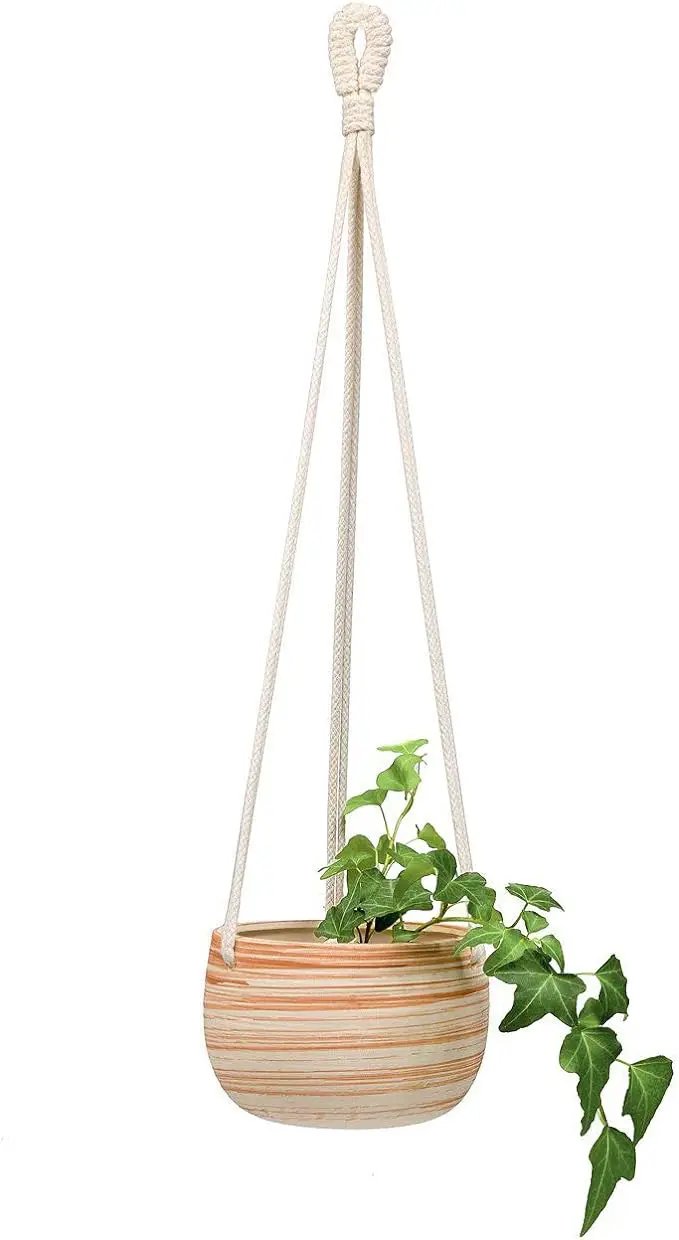 Mkono Ceramic Hanging Planter Macrame Plant Holder 5 Inch Cute Succulent Cactus Pot with Cotton Rope Hanger for Indoor Outdoor Decor, 1 Pack by GreenHaven Gardens