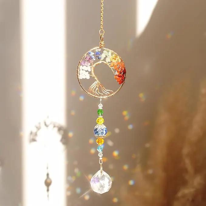 3pcs Tree of Life Chakra Crystal Suncatcher Windows Hanging Gloden Sun Catchers Decor with Prisms for Car, Feng Shui House Warming Gift for Home