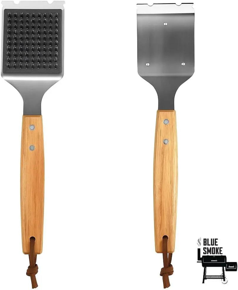Blue Smoke Grill Brush and Scraper – Heavy Duty BBQ Cleaner with Stainless Steel Bristles, Solid Wooden Handle & Leather Strap – Barbecue Cleaning Tool for Gas, Charcoal, Smoker & Grill Grates by GreenHaven Gardens