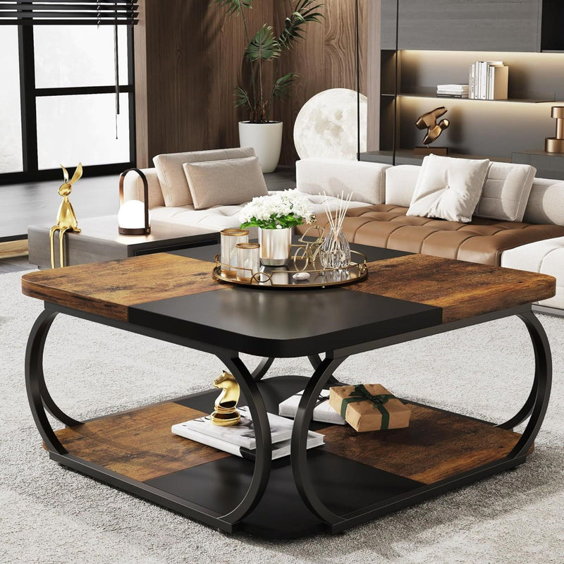 Square Coffee Table With Storage Shelf, 2 Tier For Living Room - Brown / Black by HouseOfZazla
