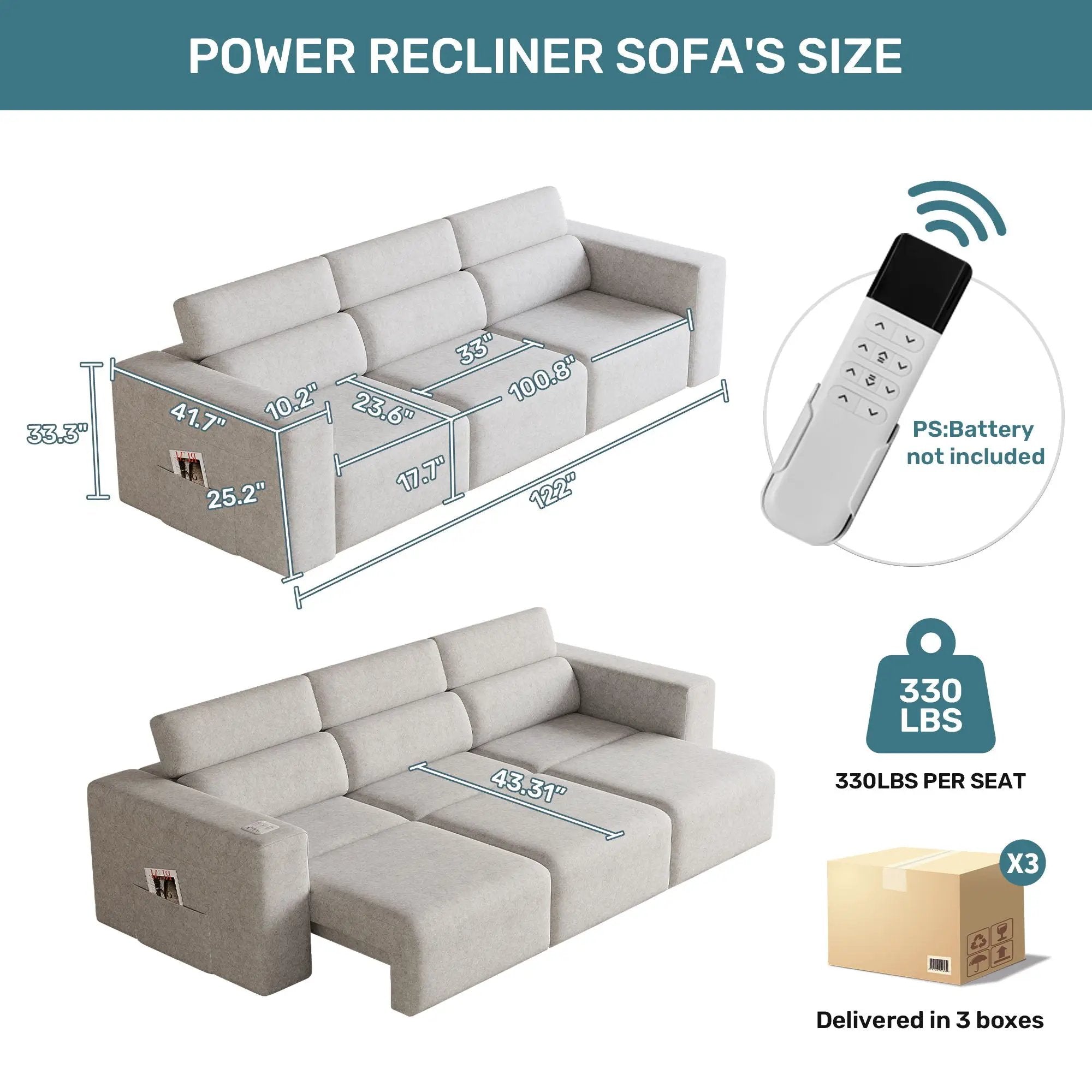 3 Seater Power Recliner Sofa With Wireless Charging And Remote Control by Unique Piece Furniture
