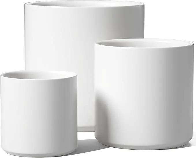 LE TAUCI Ceramic Pots for Plants, 10+8+6 Inch Indoor Plant Pots, Modern Planters for Indoor Plants Home Office, Cylinder Round Planters with Drainage Hole and Plug, Set of 3, White by GreenHaven Gardens