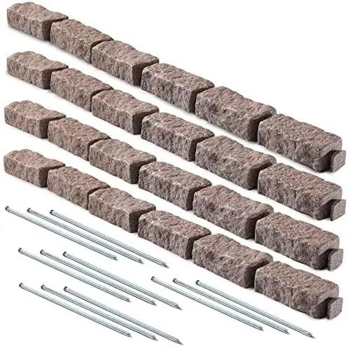 Beuta Landscape Edging | Garden Edging Border | Faux Stone Bricks for Lawn edging, Flower beds, Pathways & Yard Edging– 4 Packs | Each Section Has 6 Bricks 48"L x 4"W x 2.25"H | 12 Spikes |Cobblestone by GreenHaven Gardens