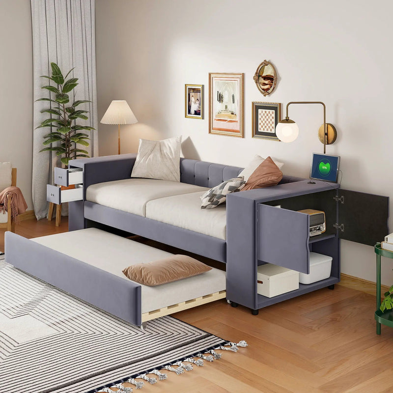 Upholstered Bed With Storage And Twin Trundle, USB Charging Ports by HouseOfZazla