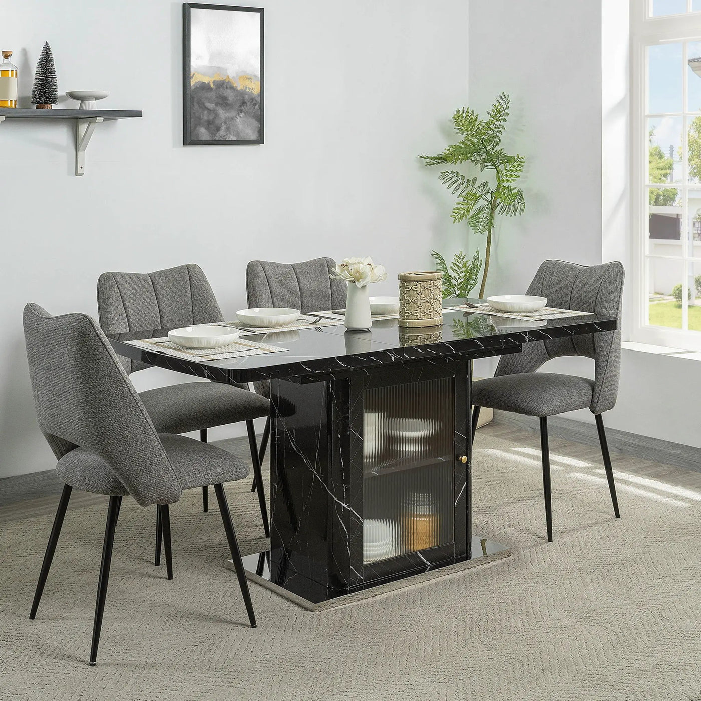 Modern Rectangle Dining Table With Stretchable Top, Storage Cabinet by Unique Piece Furniture