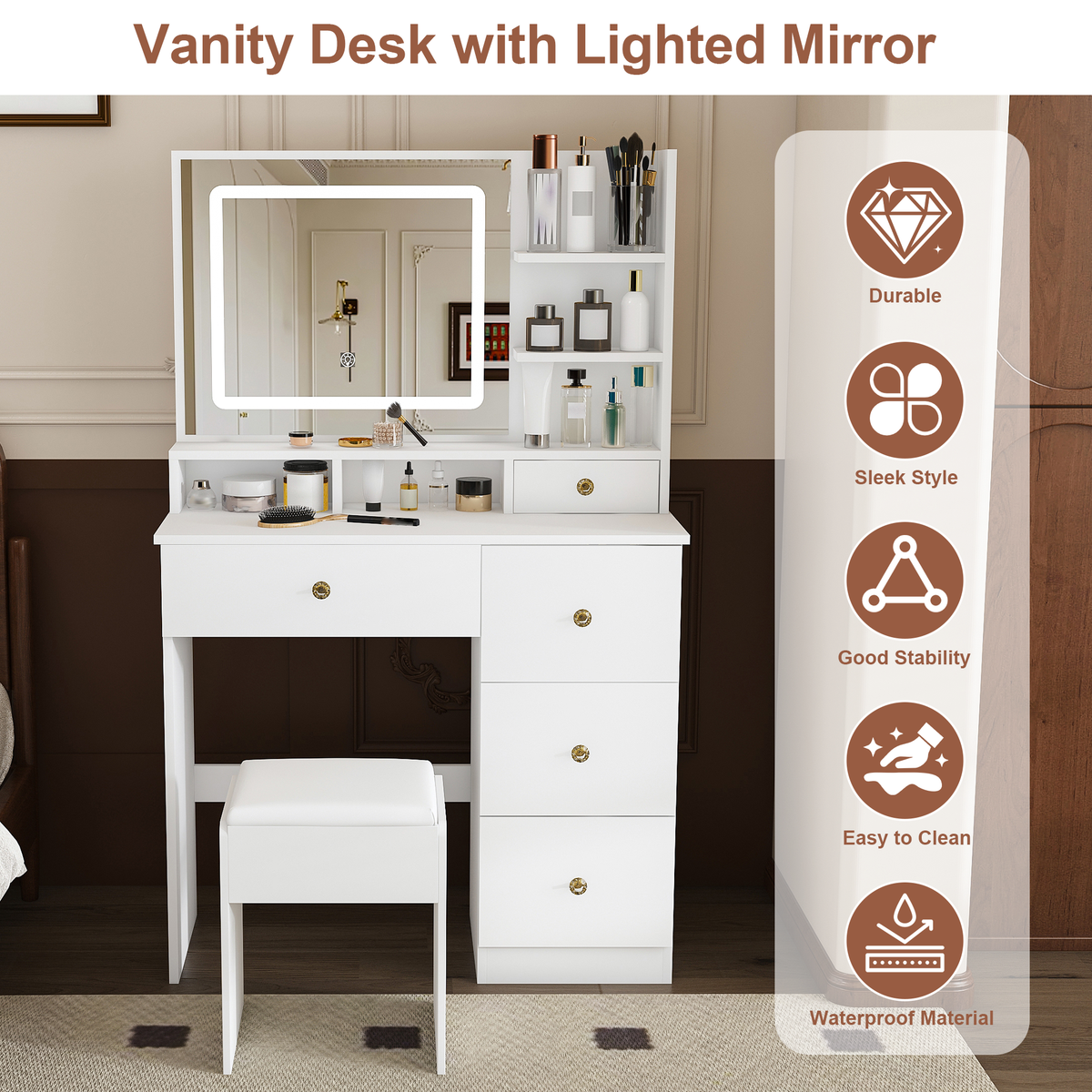 Fashion Vanity Desk with Mirror & 3-Color Dimmable LED Lights by HouseOfZazla