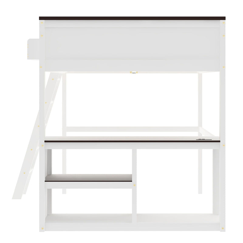 Queen Size Loft Bed With Desk, Open Shelf, Storage Box And USB Charging Station - White