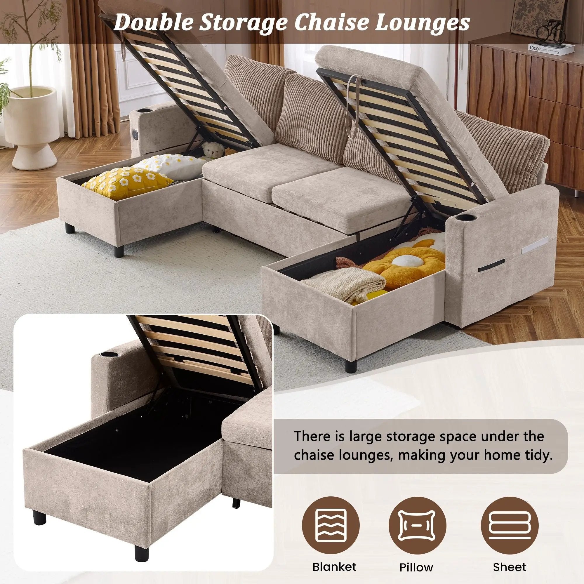 Sectional Sofa Bed With Pull Out Sleeper, USB Ports, Cup Holders by Unique Piece Furniture