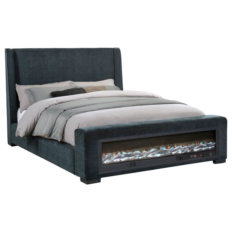 Preston Upholstered Queen Audio Flame Visualizer Bed Dark Blue by Unique Piece Furniture