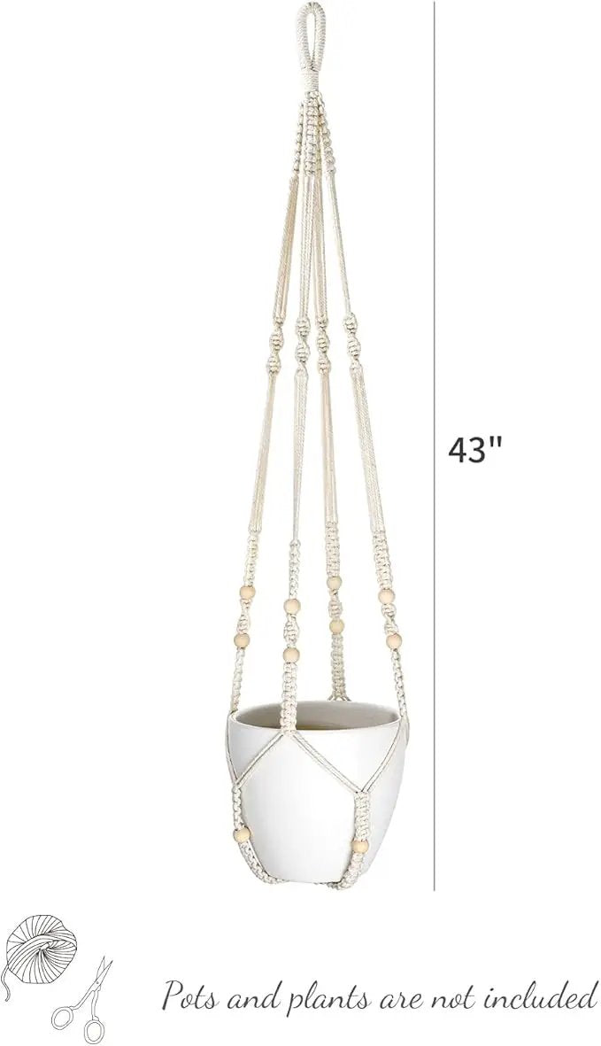 Mkono 43 Inch Macrame Plant Hanger Large for up to 12 Inch Pot Extra Long Hanging Plant Holder No Tassels Hanging Planter Basket with Wood Beads for Indoor Outdoor Boho Home Decor, Ivory by GreenHaven Gardens