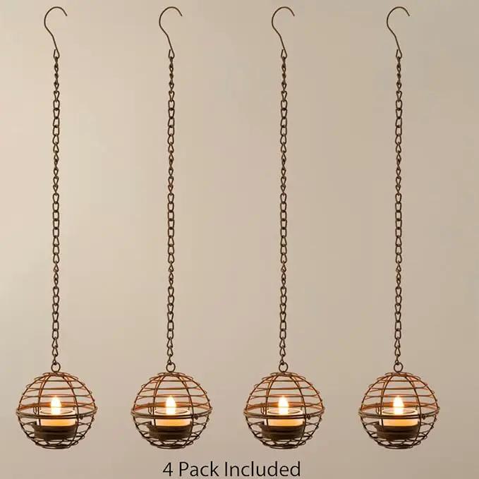 Solar Hanging Lanterns Outdoor Waterproof, Rust Iron Ball Candle Holder with Flickering Solar Powered Tea Lights, Perfect Chargeable Solar Lights for Backyard Patio Garden Fence Tree Decoration-4Pack by GreenHaven Gardens