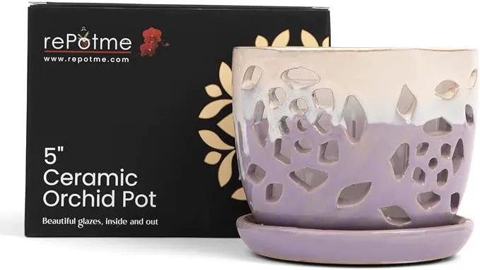 rePotme Orchid Pot - 5 inch Floral Cutout Ceramic Orchid Pot with Holes (Cream Over Lavender) - Includes 5 inch Slotted Pot Liner by GreenHaven Gardens