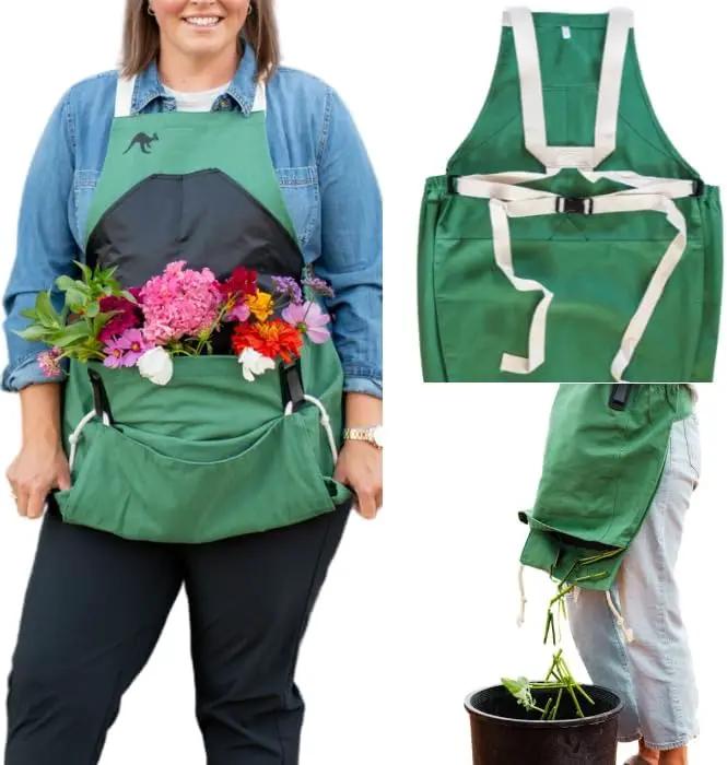 Roo Gardening Apron with Pockets & Harvesting, Picking Pouch - Adjustable, Water-resistant, Washable Canvas Cotton by GreenHaven Gardens