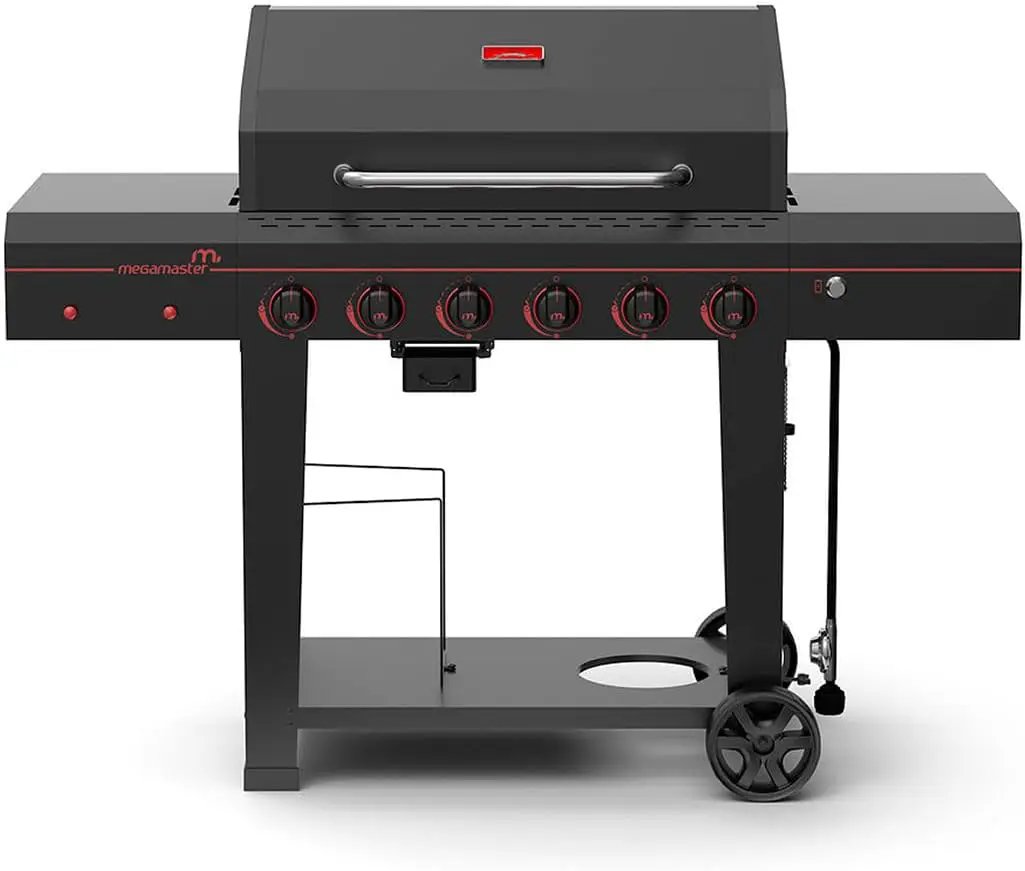 6-Burner Propane Barbecue Gas grill, Side Shelves With Hooks, for Camping, Outdoor Cooking, Patio, Garden Barbecue Grill, Open Cart With Side Tables, Black by GreenHaven Gardens