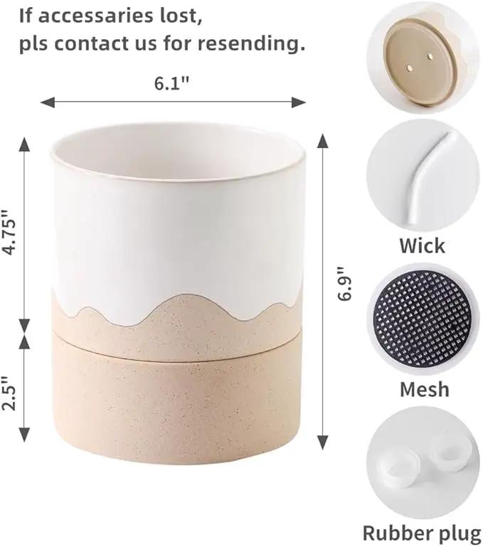 Nihow Self Watering Plant Pot: 6 Inch Ceramic Planter with Drainage Hole & Water Storage Plus for Indoor & Outdoor Plants - Cylinder Round Flower Pot for Succulent/Herbs/Violets - White & Nature by GreenHaven Gardens