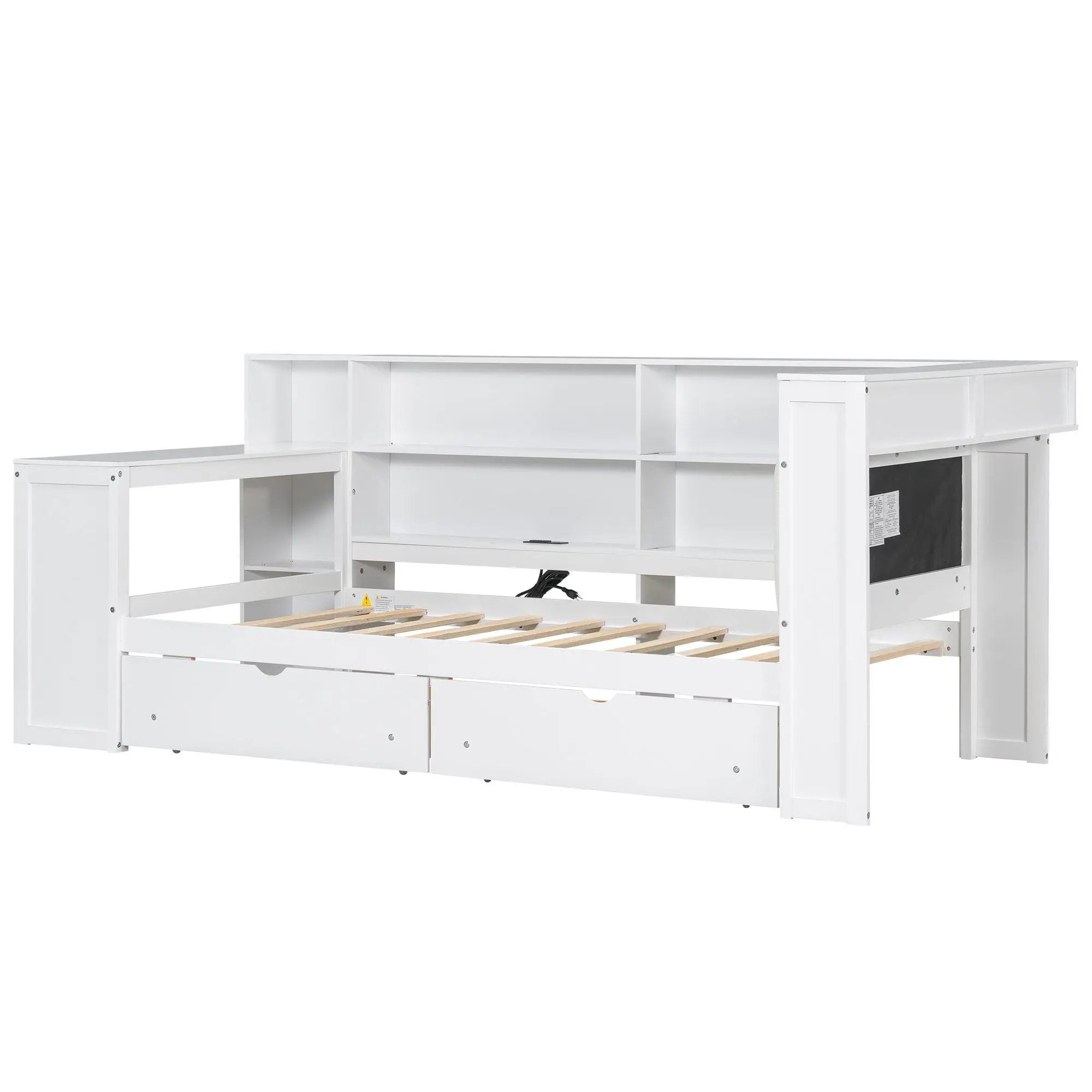 Platform Bed With Upholstered Headboard, Storage Shelves, Drawers, Charging Station, LED Lighting, Built In Desk by HouseOfZazla