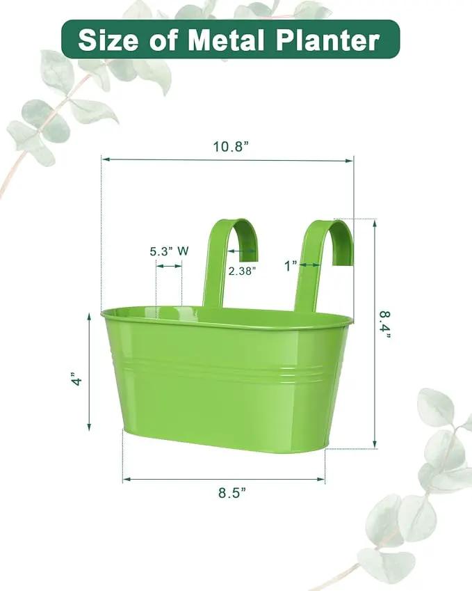 Metal Railing Planter for Outdoor Plants - 3 Pack Balcony Hanging Flower Pots with Detachable Hooks and Drain Holes Oval Bucket Rail Box Fence Planters for Home Garden Decor, Green Yellow Blue by GreenHaven Gardens