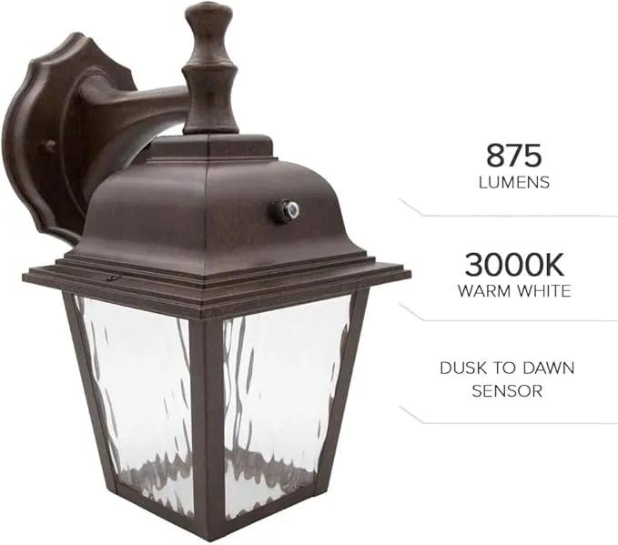 Maxxima LED Porch Lantern Outdoor Wall Light Fixture - Aged Bronze, Clear Water Glass, Photocell Sensor, 875 Lumens, 3000K Warm White, Dusk to Dawn Light Sensor, Exterior Decorative Light by GreenHaven Gardens