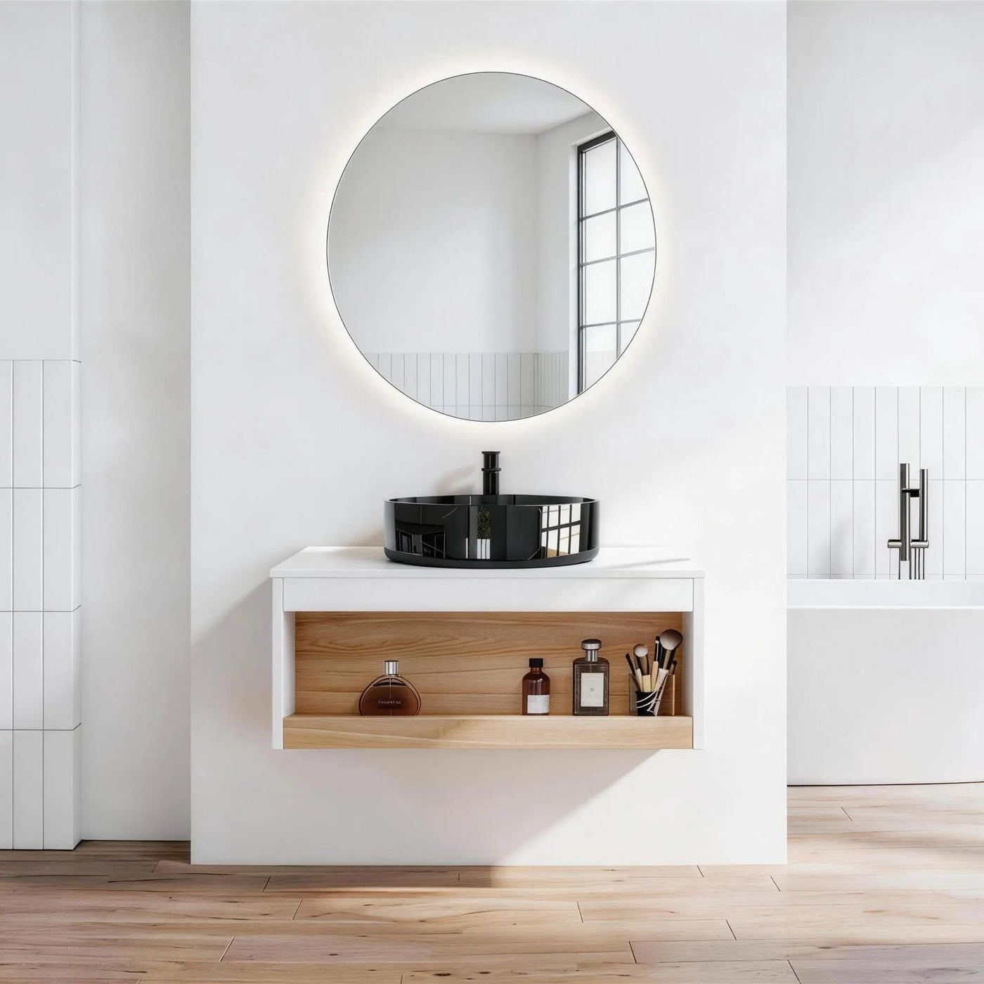 Floating Bathroom Vanity With Vessel Sink With Open Shelf Storage by HouseOfZazla