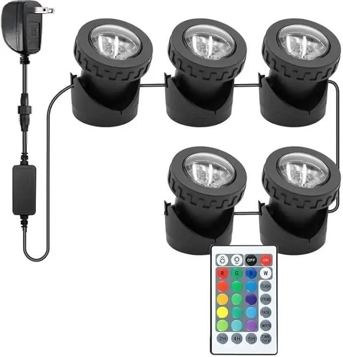RGB Pond Lights with Timer, IP68 Waterproof Underwater Dimmable LED Fountain Lights for Outdoor Landscape Fish Tank Pond Fountain Waterfall Garden Lawn, 5 Lights by GreenHaven Gardens