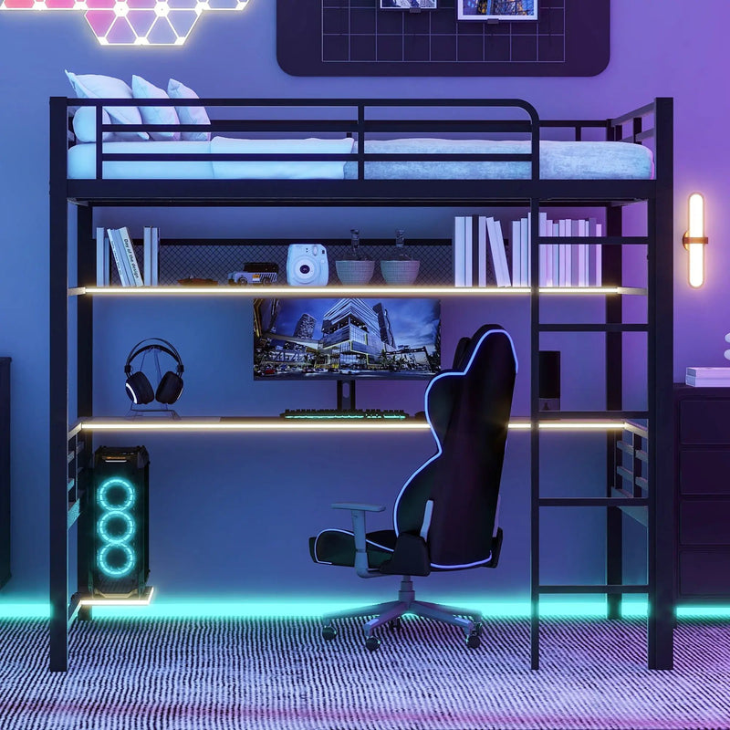 Full Size Loft Bed Frame With Storage Shelf And LED Light - Black by HouseOfZazla