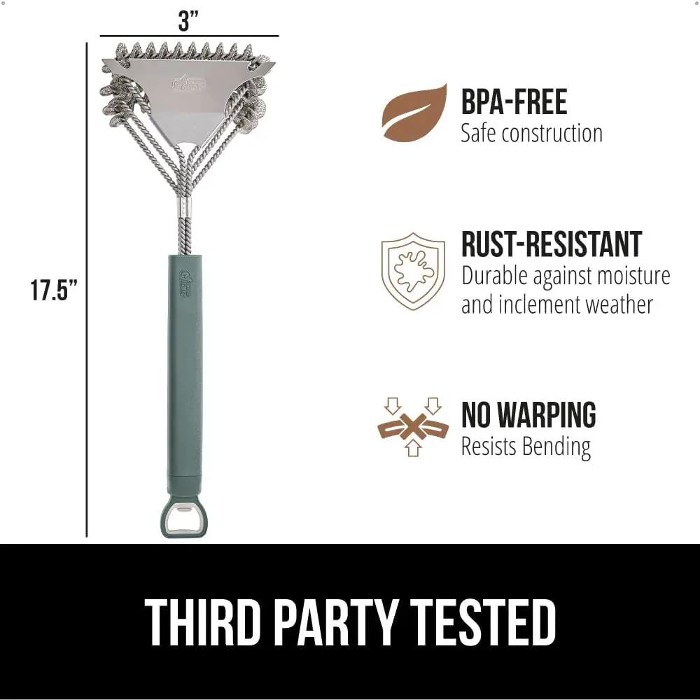 GORILLA GRIP Heavy Duty No Bristle Triple Helix Grill Brush with Scraper for Outdoor Grills, Safe Steam Cleaning, Oversized Comfortable Handle Grip with Bottle Opener, BBQ Tools, 17.5 Inch, Green by GreenHaven Gardens