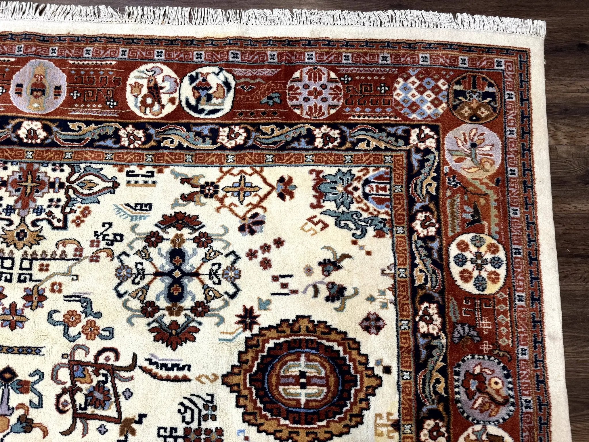 Indo Chinese Wool Rug 9x12, Ivory and Rust Red, Dragon Motifs by Jewel Rugs