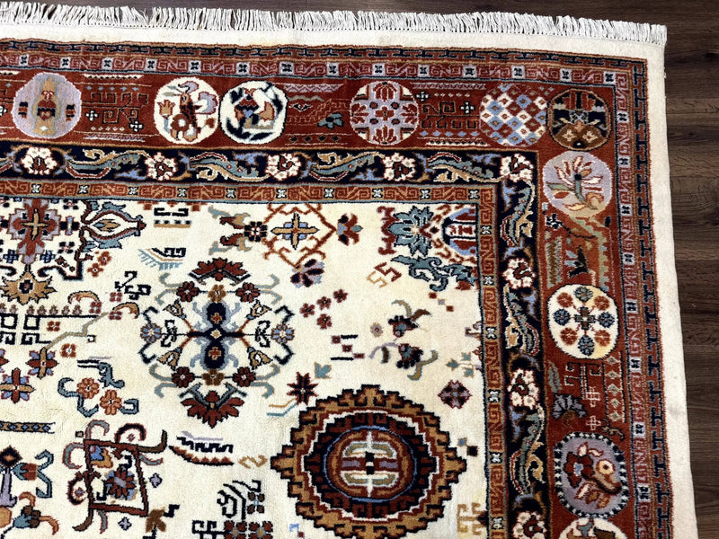 Indo Chinese Wool Rug 9x12, Ivory and Rust Red, Dragon Motifs by Jewel Rugs