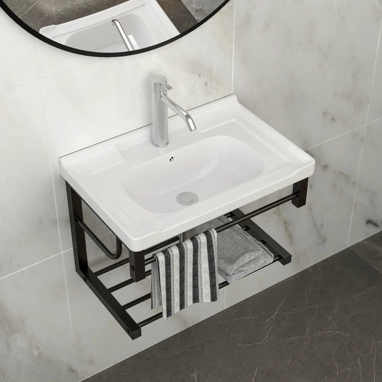 Wall Mounted Rectangular Bathroom Sink With Towel Bar & Overflow - White by Unique Piece Furniture