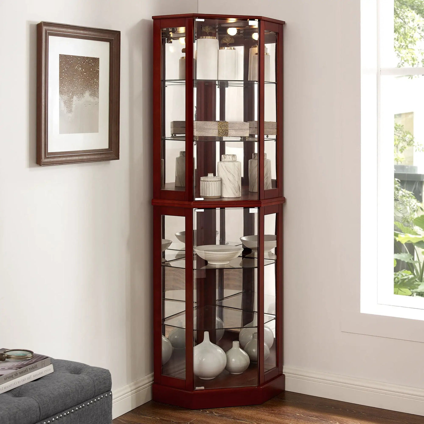 6 Shelf Corner Curio Display Cabinet With Lights, Mirrors And Adjustable Shelves (E26 Light Bulb Not Included) by Unique Piece Furniture