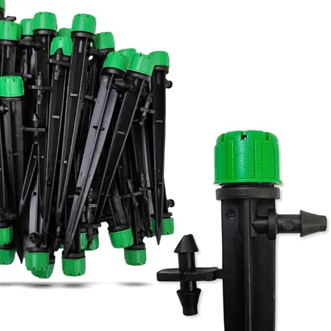 (100-PACK) - 1/4" Inch 360 Degree Drip Emitter On 6" Stake Sprayer Adjustable Flow 0-20 GPH, Fits 1/4 (4-6mm) Irrigation Tubing - Micro Bubbler Drippers for Drip Irrigation (50 Pack Dripper on Stake) by GreenHaven Gardens