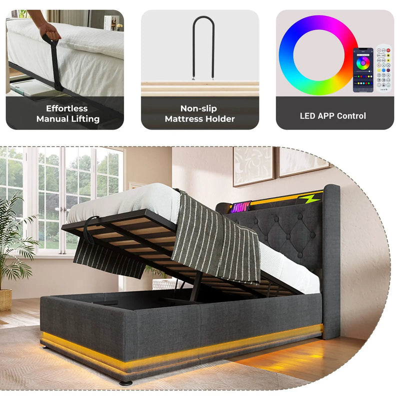 Upholstered Bed, 360 Surround LED Function, Remote Control, Hydraulic Storage Bed With USB, Type-C Charging (Without Mattress) by HouseOfZazla