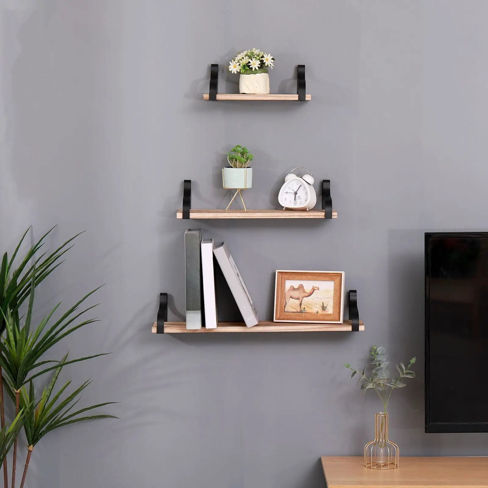 Floating Shelves, Long Wall Shelves (Set of 3), Wall Mounted Shelves & Brackets For Bedroom - Natural Wood by Unique Piece Furniture