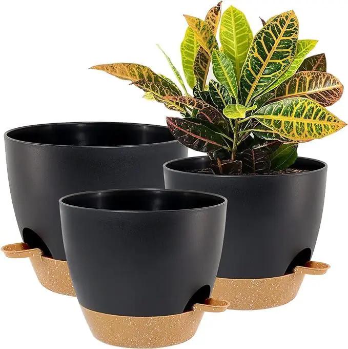 10/9/8 inch Self Watering Pots, Set of 3 Plastic Planters with Mesh Drainage Holes and Deep Reservoir for Indoor Outdoor Garden Plants and Flowers, Black with Brown by GreenHaven Gardens