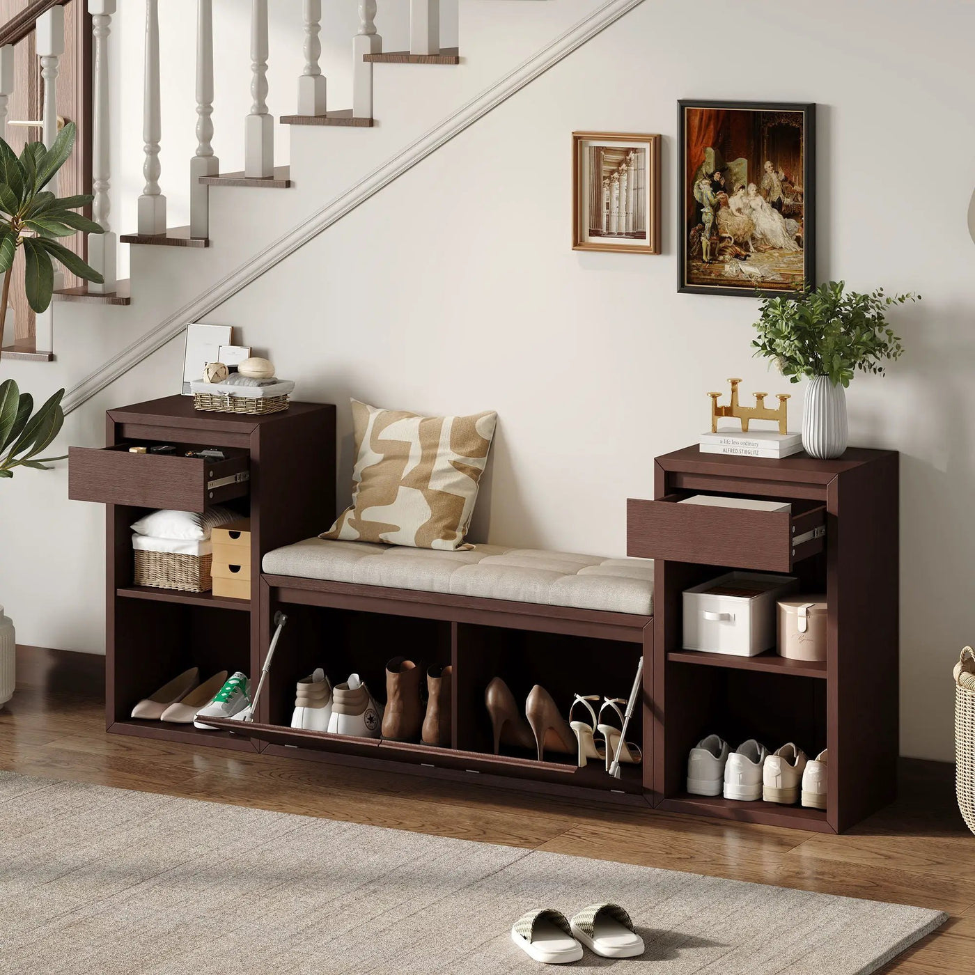Entryway Storage Bench With Cushion, Drawers & Open Shelves by Unique Piece Furniture