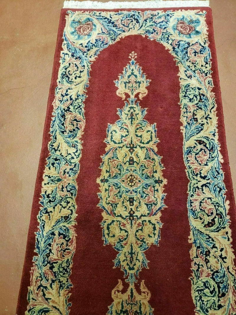 Small Persian Kirman Rug 2x4, Wool Oriental Vintage Handmade Carpet, Hand Knotted Floral Medallion, Red & Beige, Semi Open Field by Jewel Rugs
