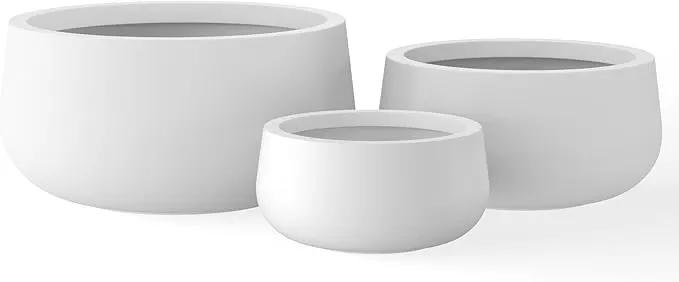 Kante 19.6",15.7",11.8" Dia Round Concrete Planters Set of 3, Outdoor Indoor Garden Plant Pots with Drainage Hole and Rubber Plug, Modern Curvaceous Design, Pure White by GreenHaven Gardens