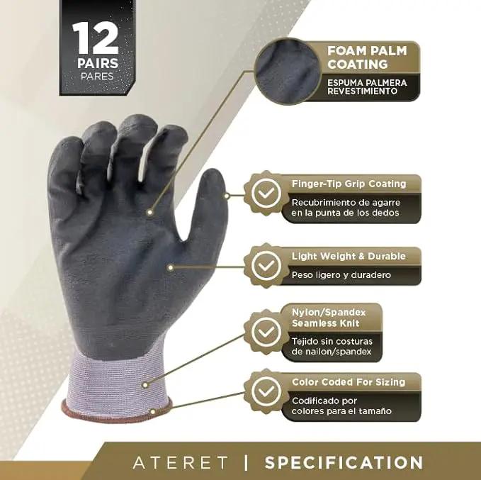 ATERET Work Gloves 12 Pairs Micro-Foam Nitrile Coated Safety Gloves, Seamless Knit Nylon Gloves Home Improvement General Use by GreenHaven Gardens