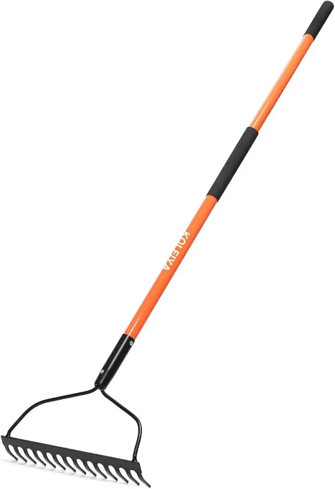 Garden Rake Heavy Duty with Orange Fiberglass Handle - 14-Tooth Metal Yard Hard Rake for Gardening, Farming, and Yard Work ,57 Inch by GreenHaven Gardens
