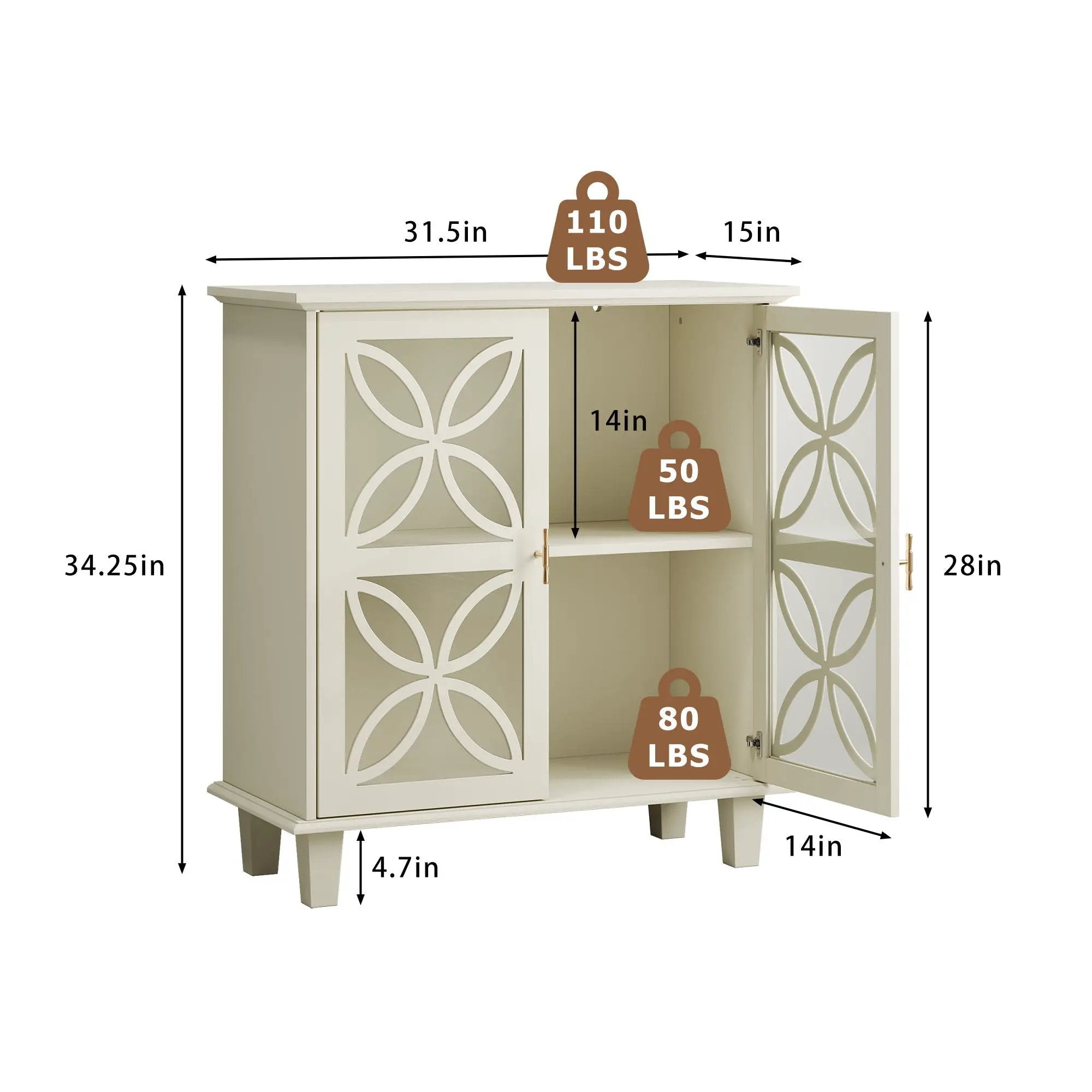 Modern Retro Sideboard Buffet Storage Cabinet With Adjustable Shelves And Tempered Glass Doors - Cream Color by HouseOfZazla