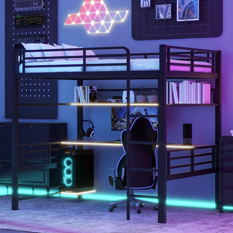Full Size Loft Bed Frame With Storage Shelf And LED Light - Black by HouseOfZazla