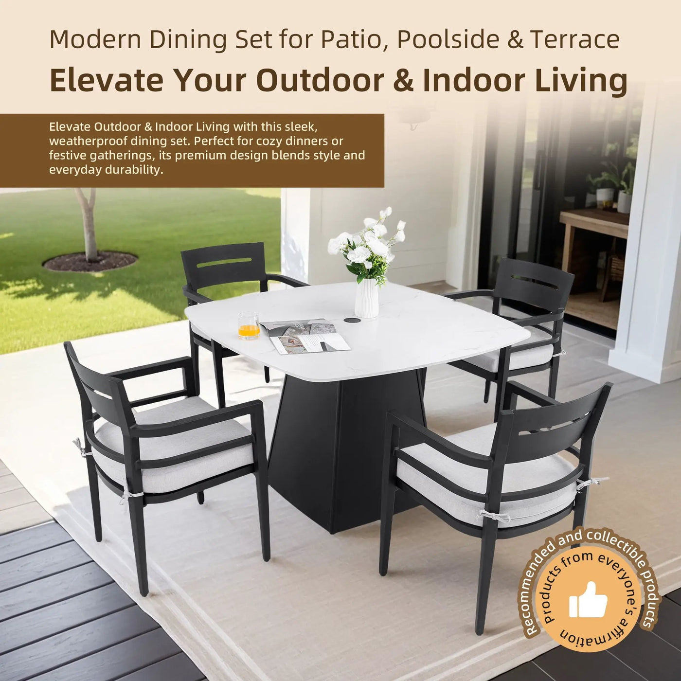 Outdoor Patio Dining Set, Squircle Dining Table, Dining Chairs With Sunbrella Cushions by HouseOfZazla