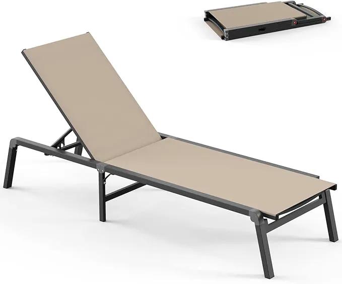 Chaise Lounge Outdoor, Foldable Aluminum Pool Lounge Chairs with 5 Positions Recliner - Free Assembly - Patio Chaise Lounge Chair for Poolside, Beach, Yard (Khaki) by GreenHaven Gardens
